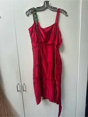 Alberta Ferretti Red Satin Midi Dress with Braided Shoulder Detail